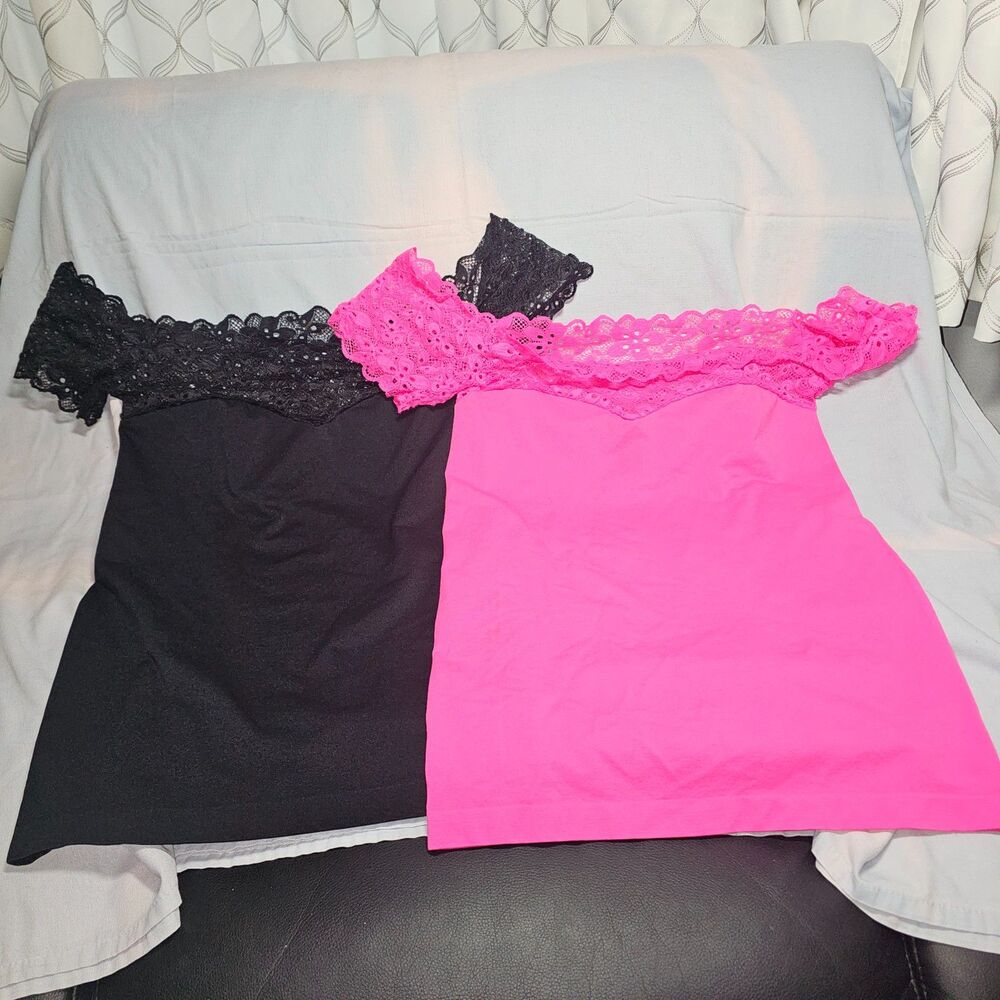 Soho Lady Lace Trim Seamless OTS Tops Bundle Black Pink One Size Plus 2pc